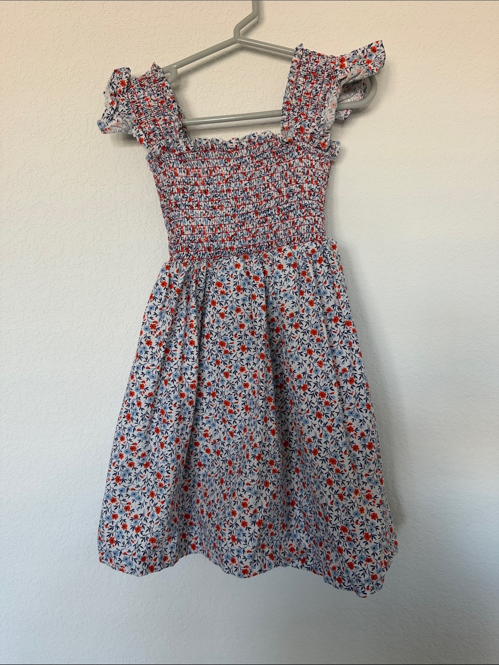 Girls White Smocked Sundress with Red Floral Print
